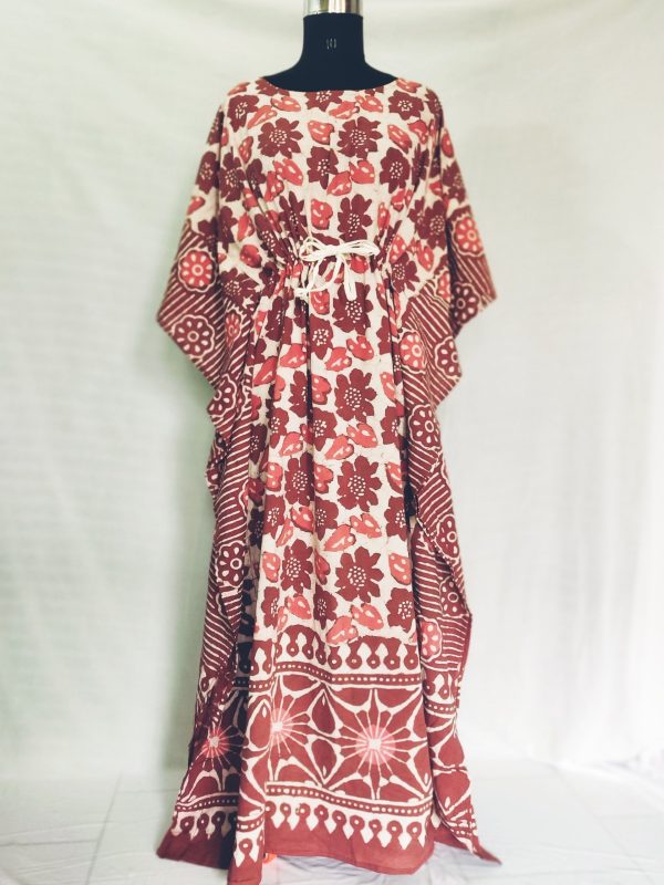 pure cotton kaftan, floral print, brown