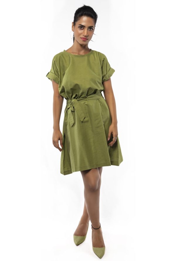 drop shoulder dress, linen, green