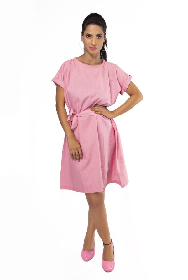 drop shoulder dress in pink linen