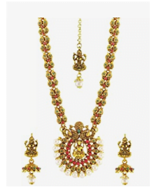 Red Brass and Copper Indina God Laxmi with Dancing Peacock Necklace Set for Women