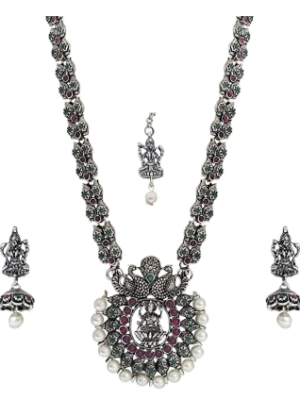 Jewelry of God Laxmi Dancing Peacock Antique German Oxidised Silver Plated Jewellery Set