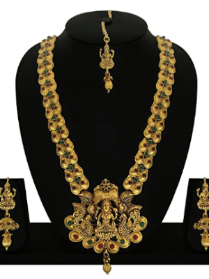 Red and Green Brass Jewellery of God Laxmi with Elephant and Dancing Peacock Necklace Set