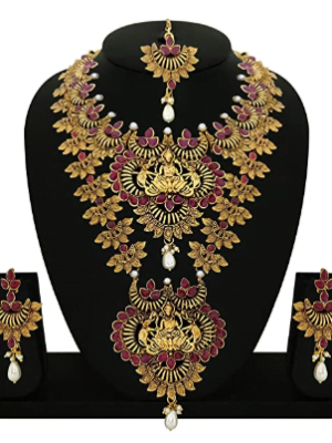 Temple Jewelry of Gold Plated Bridal Necklace Set of God Laxmi with Elephant Design Necklace Set