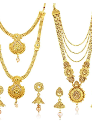 Traditional Pearl Gold Plated Wedding Jewellery Long Haram Necklace Set Combo