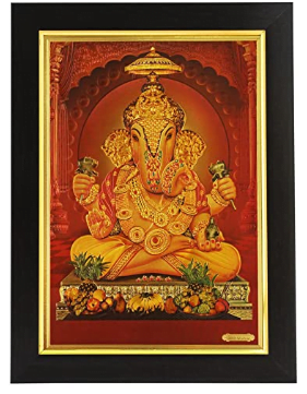 Gold Plated Photo Frame of Ganesh Ji Ganesha Gajanand Ganpati (Dagdu Sheth) God Beginnings Remover of Obstacles (Wood, Poster with Frame, 26x1x35 cm)