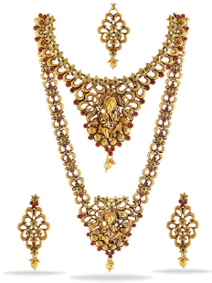 Indian Traditional Temple Jewelry of God Ganpati Bapa Long Red Brass Necklace Set