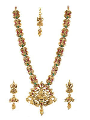 Gold Plated Indian Traditional Temple Jewelry of God Laxmi with Elephant and Dancing Peacock Necklace Set