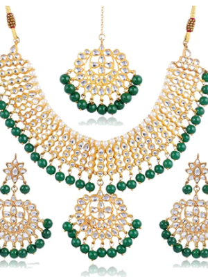 22K GoldPlated Traditional Kundan Pearl Green Choker Jewellery Set