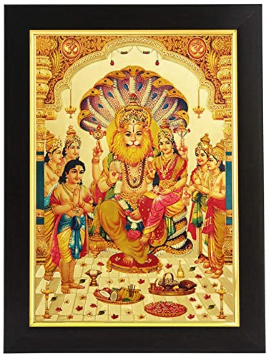 Gold Plated Photo Frame of God Narsimha Swamy with Goddess Lakshmi and Prahlad (26x1x35 cm)