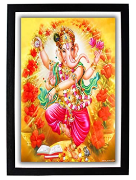 Dancing God Ganesh Ji HD Photo Frame Ganesha Vinayagar Vinayaka Ganapathy Ganpati Gajanand Poster with Frame Painting (Wood, Multicolour, 22.5X1x32.5cm)