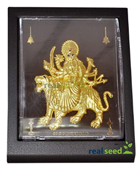 Real Seed Durga Ji 99.9 Fine Gold Plated Photo Frame | Gold Plated Photo Frame | Durga MATA Frame for Home Temple | Gods Photo Frames | Hindu God & Goddesses Frames | Religious Photo Frames