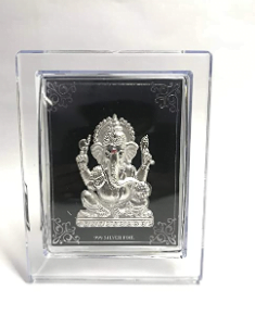 Gift Boutique Transparent Plastic Frame of Ganesh Ji Photo in 999 Silver Foil with Black Background