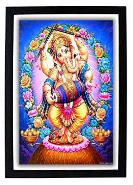 Dancing God Ganesh Ji HD Photo Frame Ganesha Vinayagar Vinayaka Ganpati Ganapathy Gajanand Poster with Frame Painting (Wood, Multicolour, 22.5X1x32.5cm)