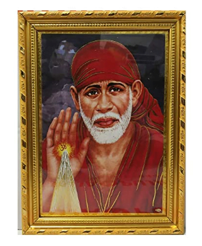 God Photo Frames Lord Shirdi Sai Saibaba Sitting on Throne Gold Coated Synthetic Photo Frame for Wall Hanging Puja Mandir Small (L * H : 8 * 11 Inches)