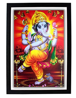 Dancing God Ganesh Ji HD Photo Frame Ganesha Vinayagar Vinayaka Ganapathy Gajanand Ganpati Poster with Frame Painting (Wood, Multicolour, 22.5X1x32.5cm)
