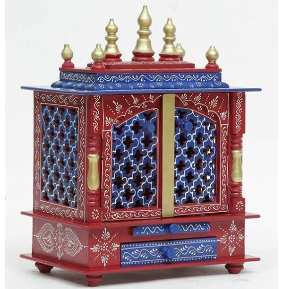 Red & Blue Mango Wood Pooja Mandir With Door