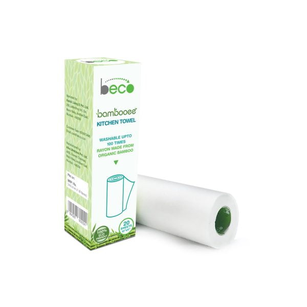 Beco Eco-Friendly Reusable Kitchen Towel Roll - 20 Sheets Natural & Organic Cleaning Bamboo Cloth No Trees Cut