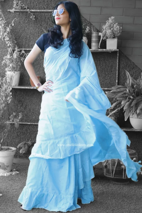 Flary Flamingo - Pure Cotton Ruffle Saree in Sky Blue Colour