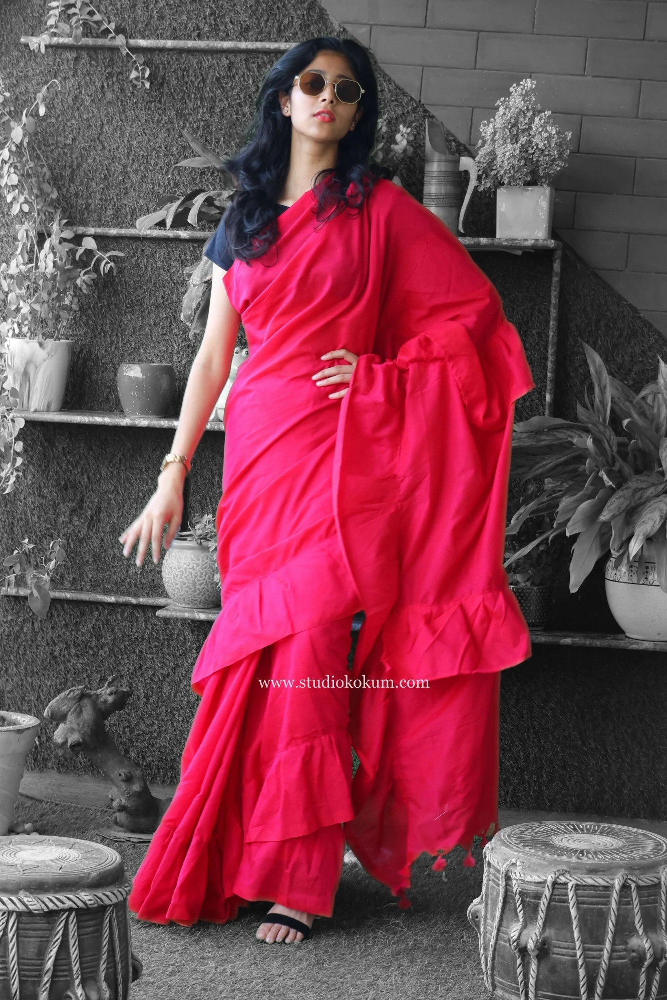 Masakali - Pure Cotton Ruffle Saree in Candy Red Pink Colour