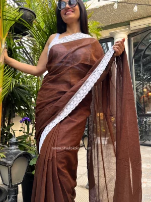 Irish Coffee - Pure Mul Cotton Saree in Brown Colour with Lace Work