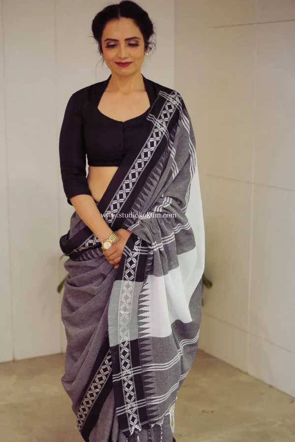 Meraki - Handloom Grey Black White Cotton Saree with Blouse