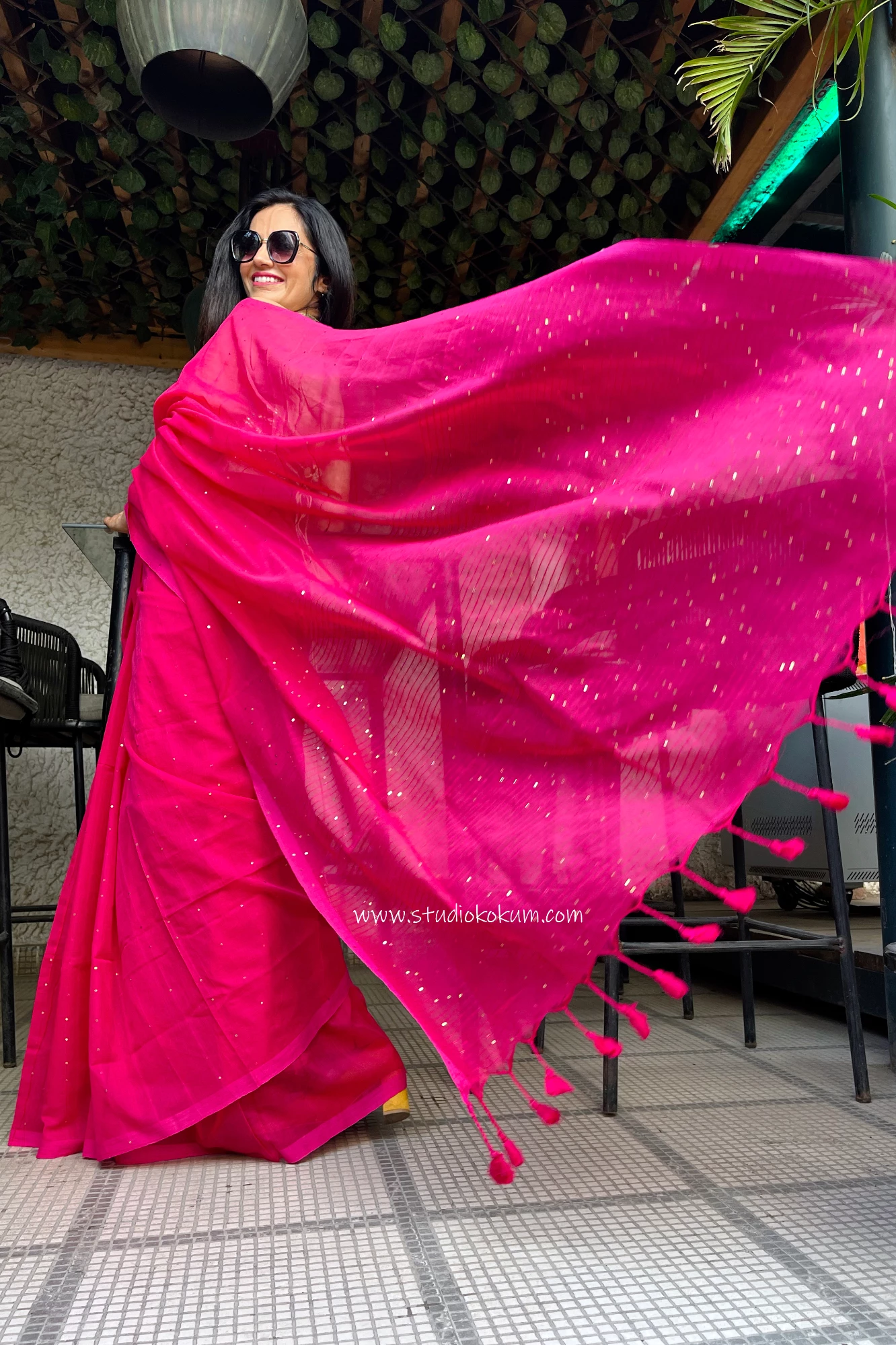 Cherry Bomb: Pure Mul Cotton Saree with Sequins in Hot Pink Colour